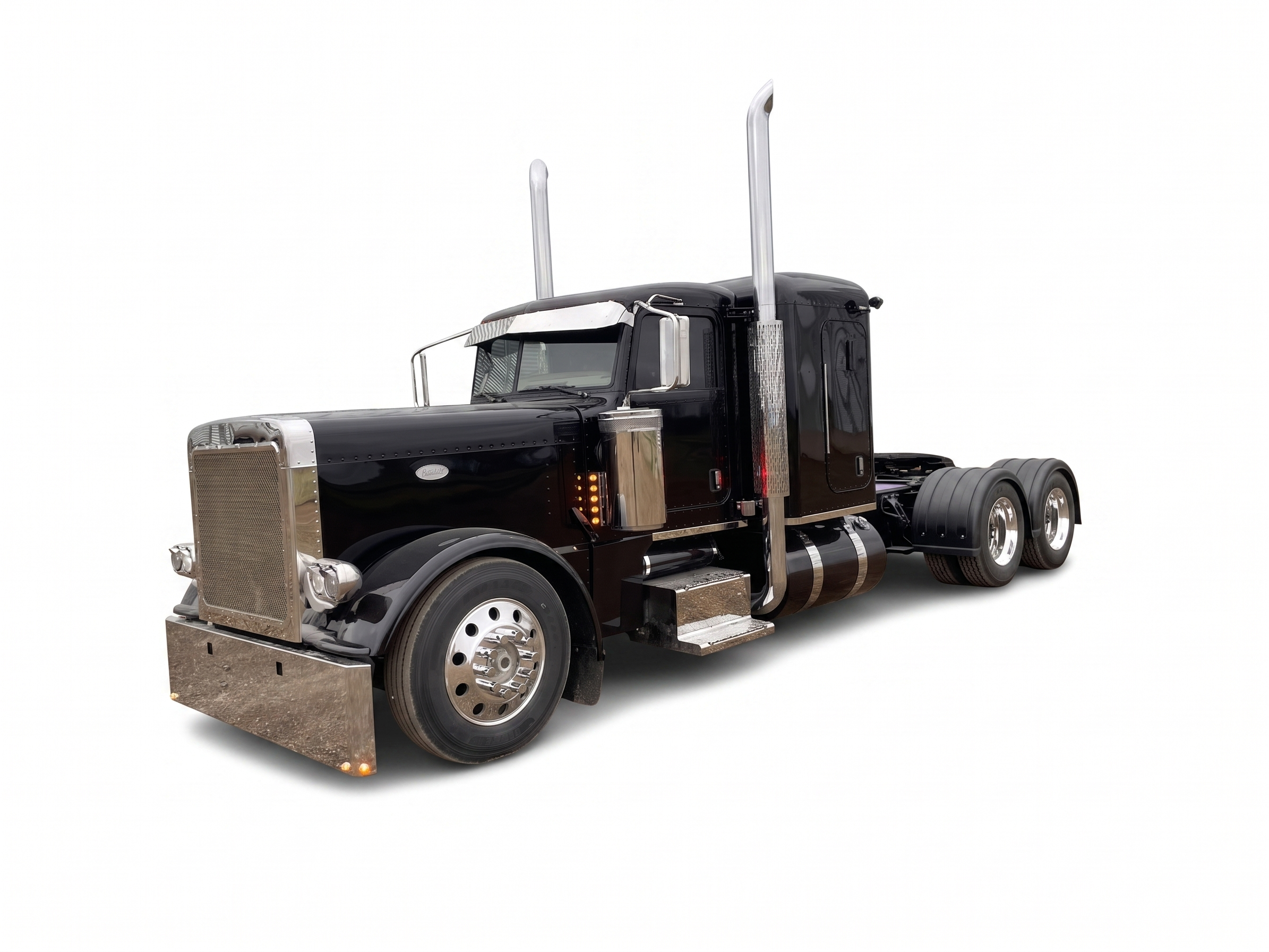 Black Peterbilt 379 with category hotspots — tap a part to shop it.